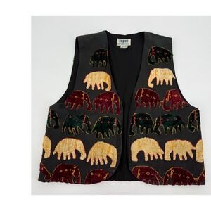 Vintage Boho Vest Large Black Elephant Patchwork‎ Hippie Open Indie Soho Animals